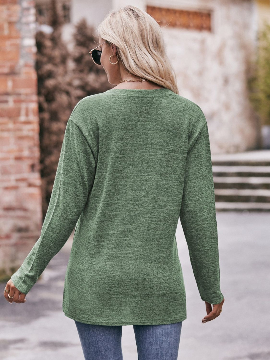 Buttoned Notched Neck Long Sleeve Top