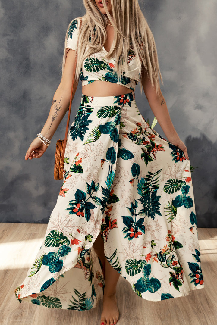 Tropical Print Crop Top and Maxi Skirt Set