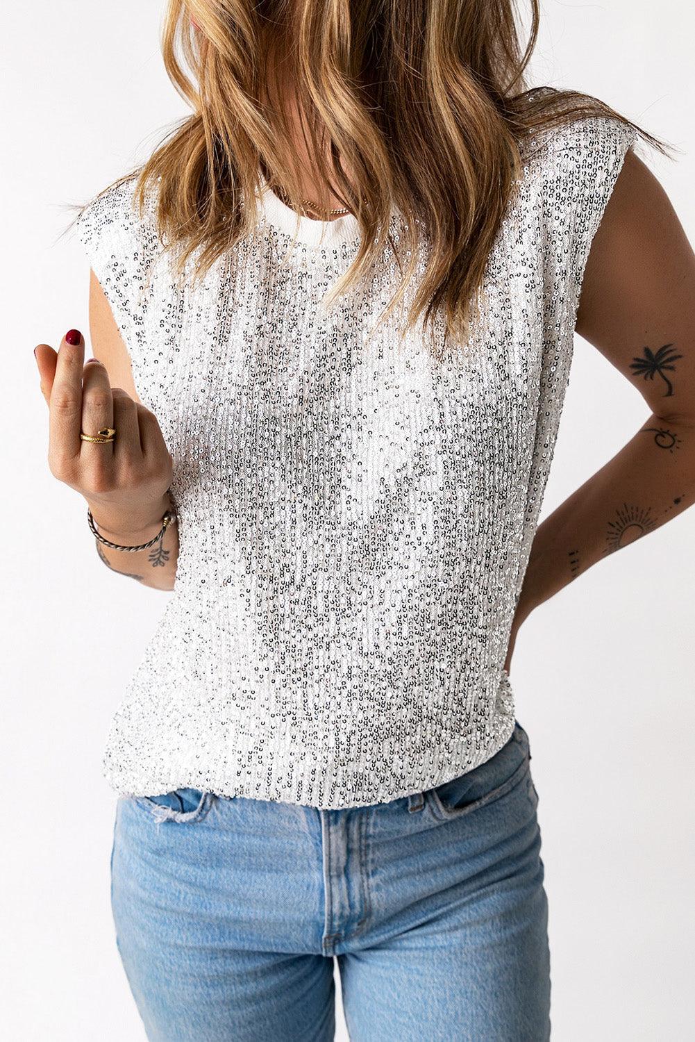 Sequin Round Neck Capped Sleeve Tank - BELLATRENDZ