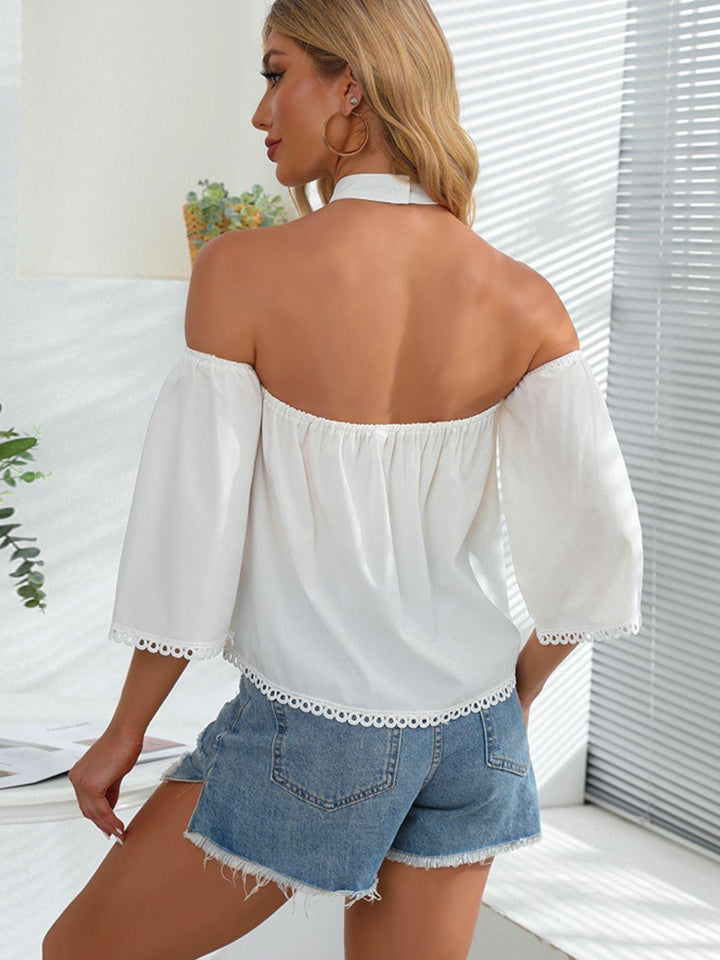 Crochet Halter Neck Cold-Shoulder Blouse - BELLATRENDZ