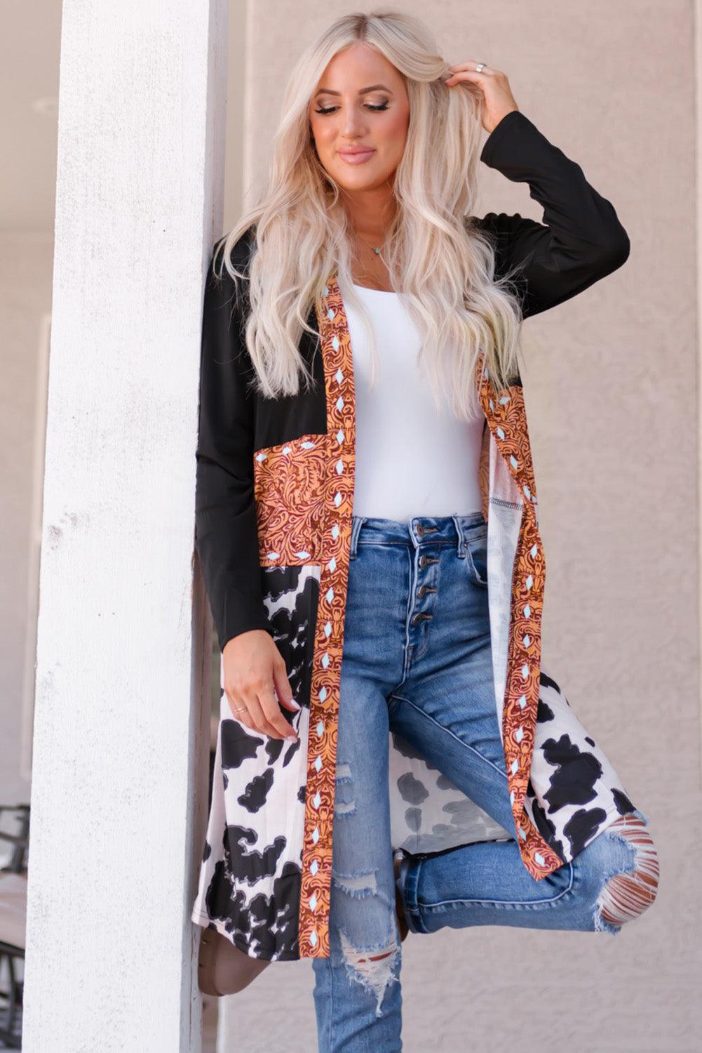 Printed Color Block Open Front Cardigan - BELLATRENDZ