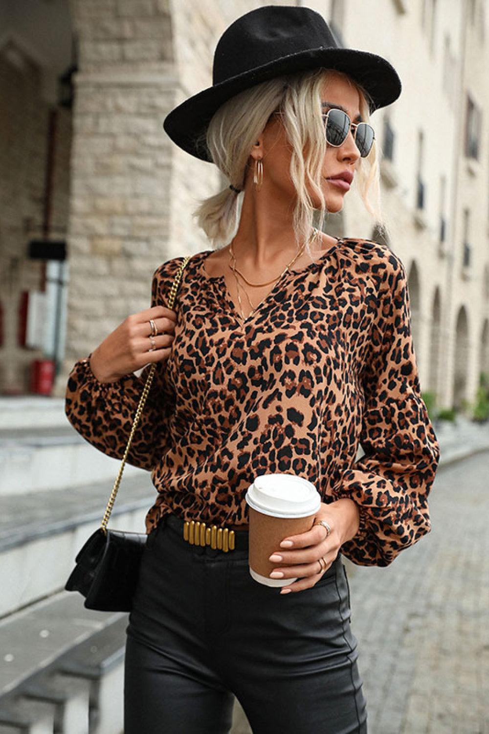 Leopard Lantern Sleeve Blouse - BELLATRENDZ