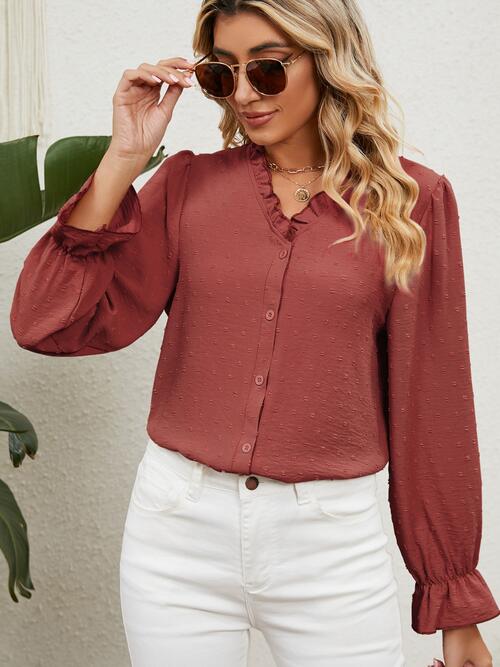 Button Up Flounce Sleeve V-Neck Shirt