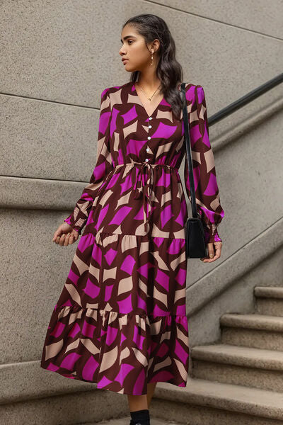 Printed Tied Pocketed Lantern Sleeve Dress