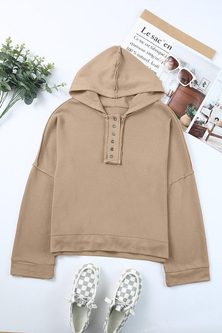 Quarter-Button Exposed Seam Dropped Shoulder Hoodie - BELLATRENDZ