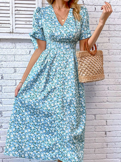 Floral Tied Puff Sleeve V-Neck Dress