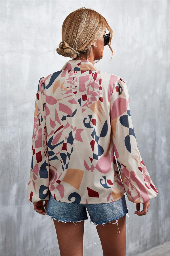 Printed Tie Neck Puff Sleeve Blouse - BELLATRENDZ