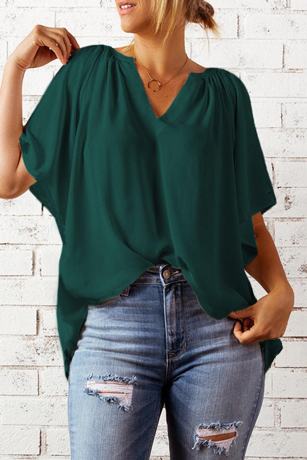 Gathered Detail Notched Neck Flutter Sleeve Top - BELLATRENDZ