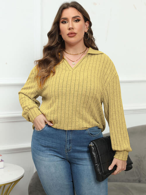 Plus Size Ribbed Collared Neck Long Sleeve Blouse