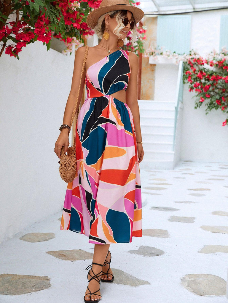 Printed Cutout One-Shoulder Sleeveless Dress - BELLATRENDZ