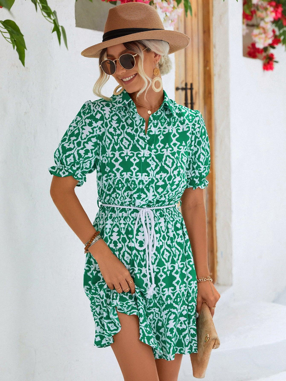 Printed Tie Waist Collared Flounce Sleeve Dress - BELLATRENDZ