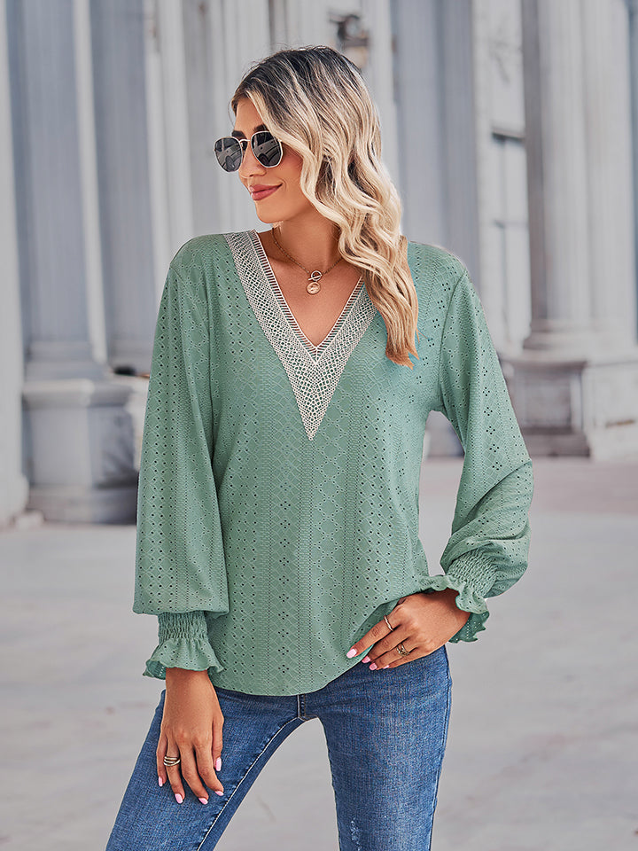 V-Neck Eyelet Flounce Sleeve Blouse