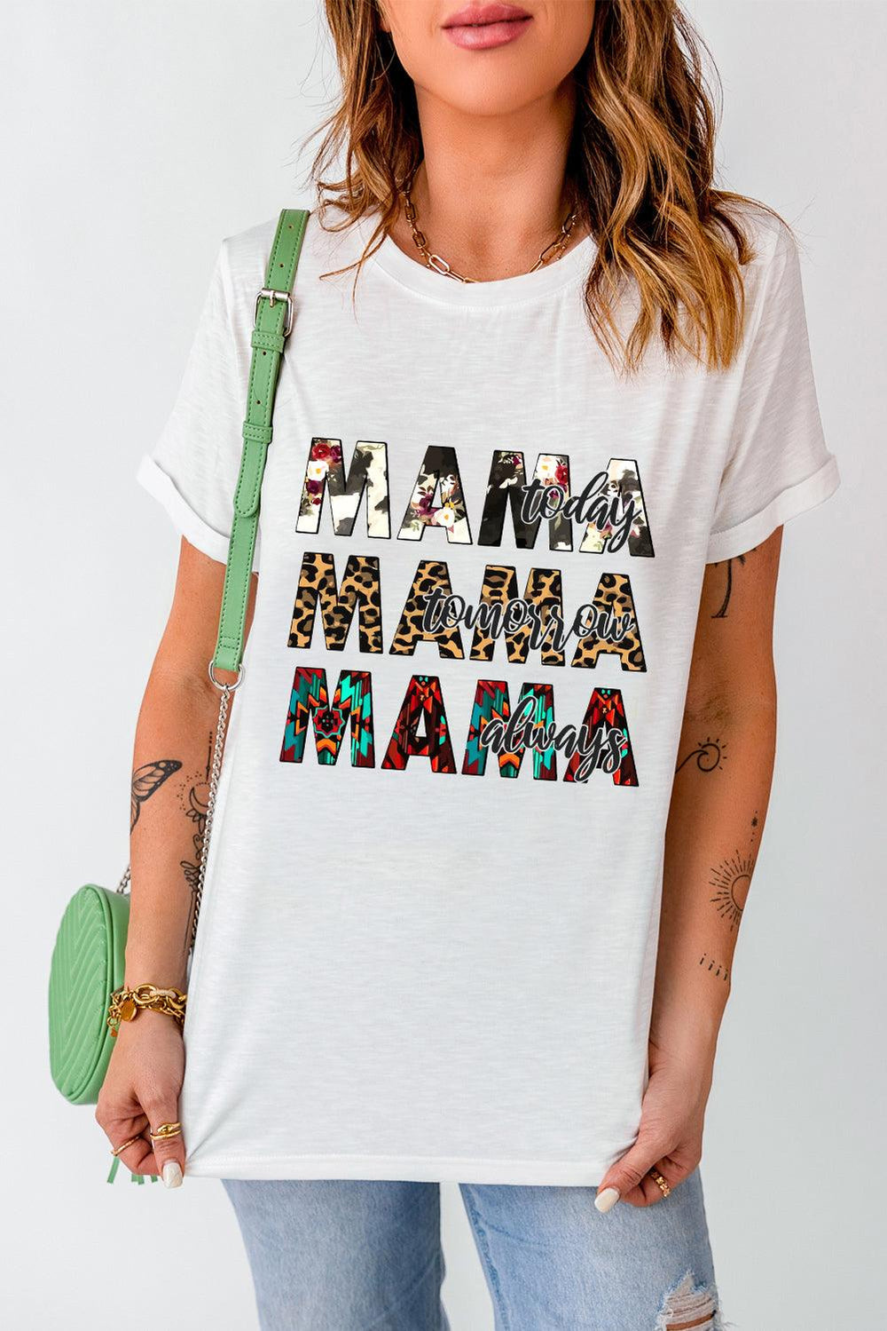 MAMA Graphic Cuffed Round Neck Tee Shirt - BELLATRENDZ