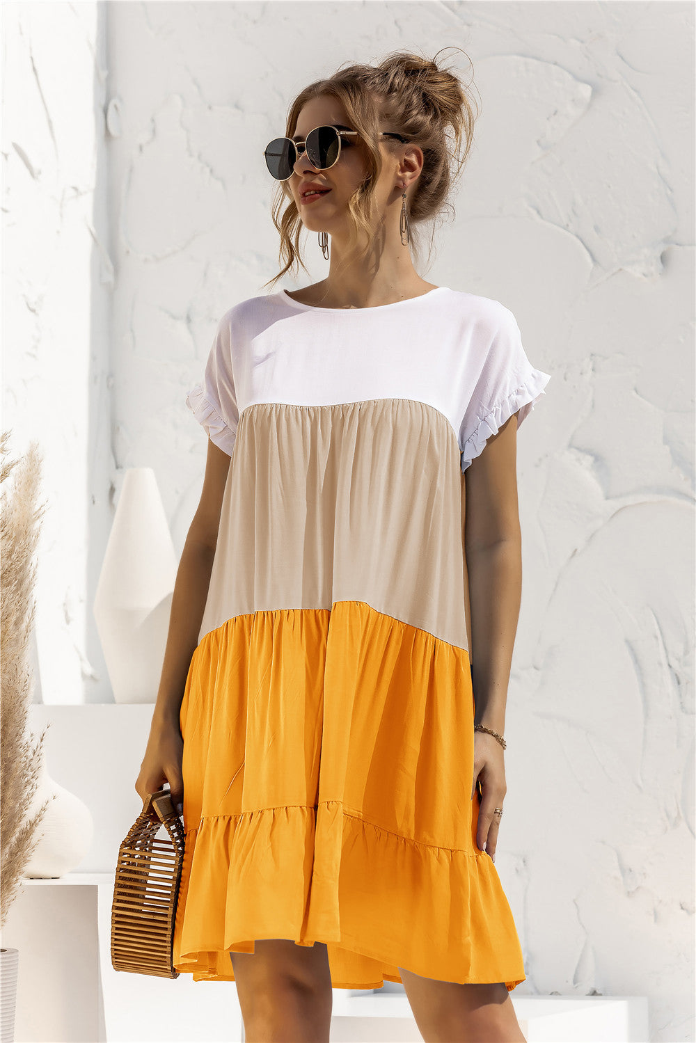 Color Block Round Neck Ruffle Hem Dress