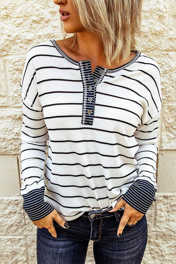 Striped Waffle Knit Henley Long Sleeve Top - BELLATRENDZ