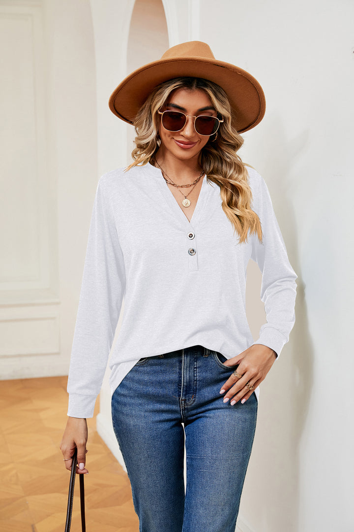 Buttoned Notched Neck Long Sleeve Top