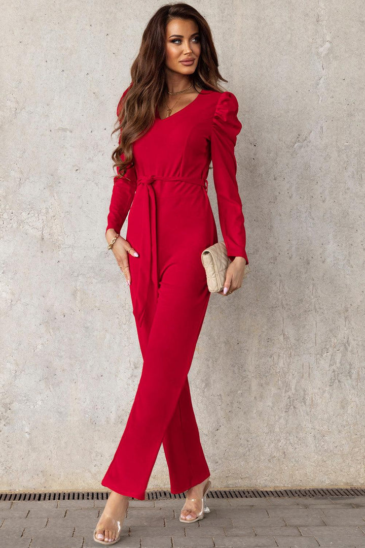 Belted Long Puff Sleeve V-Neck Jumpsuit - BELLATRENDZ