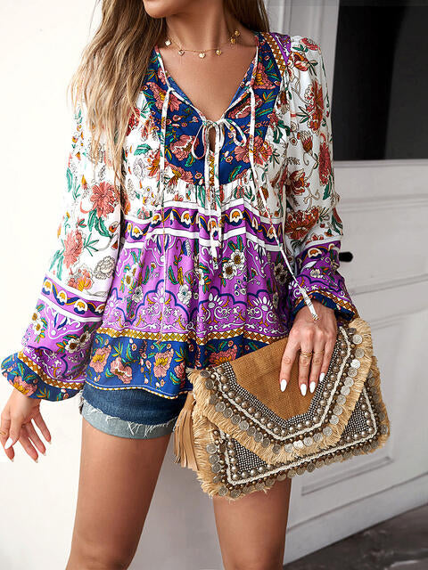 Floral Tie Neck Puff Sleeve Blouse