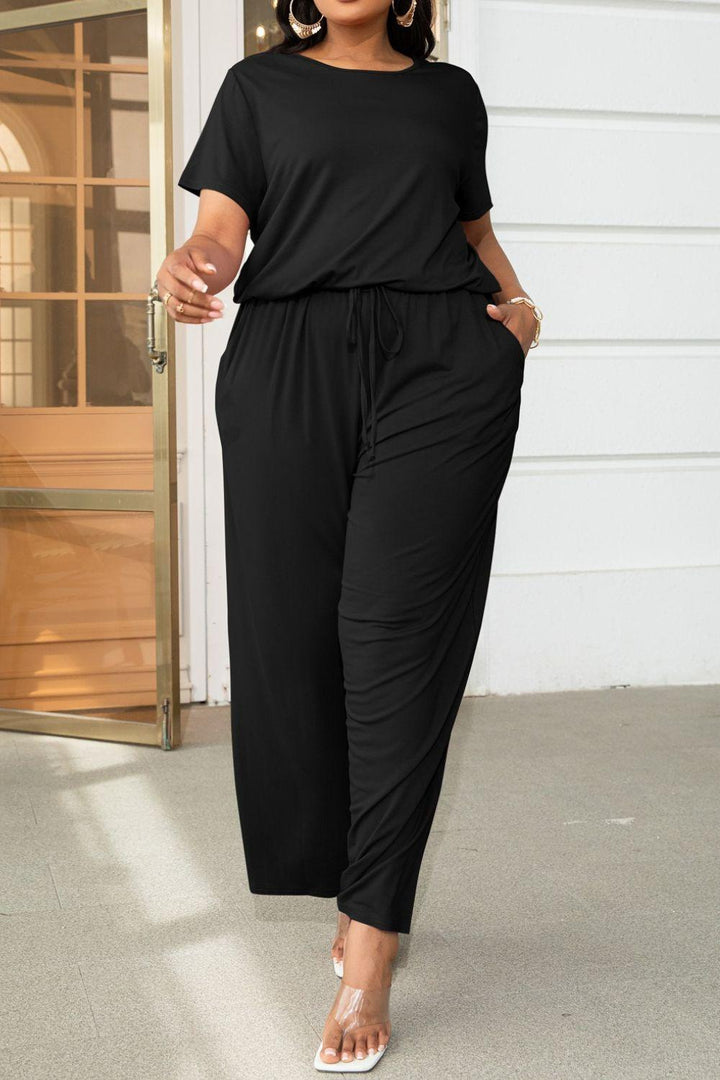 Plus Size Drawstring Waist Short Sleeve Jumpsuit - BELLATRENDZ