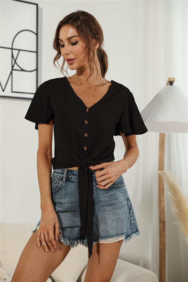 Decorative Button V-Neck Tied Blouse - BELLATRENDZ