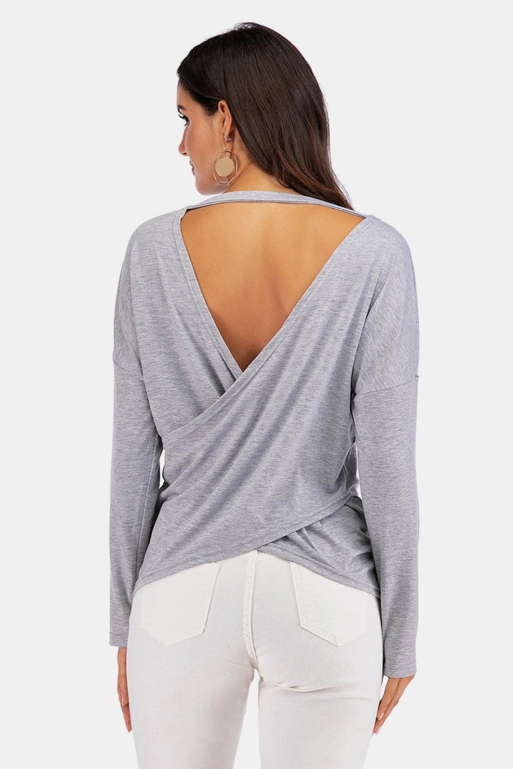 V-Neck Drop Shoulder Open Back Sweatshirt - BELLATRENDZ