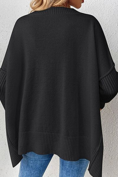 Slit V-Neck Dropped Shoulder Sweater