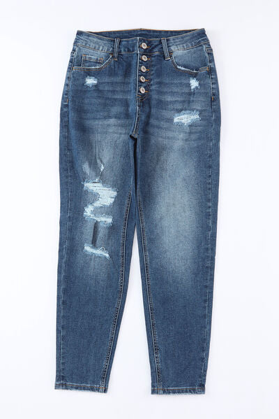 Button-Fly Distressed Jeans with Pockets