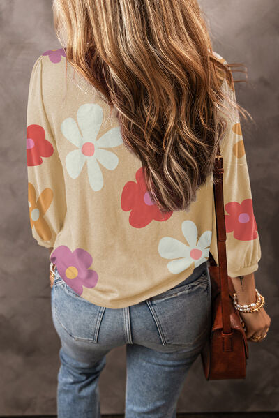 Flower Round Neck Long Sleeve Blouse