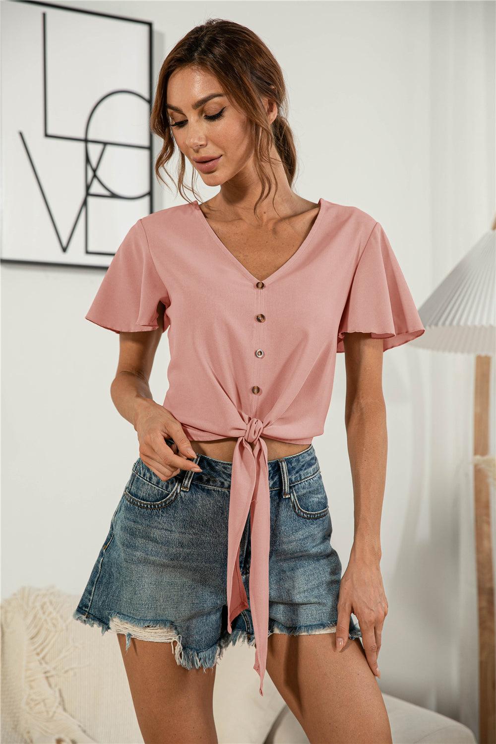 Decorative Button V-Neck Tied Blouse - BELLATRENDZ