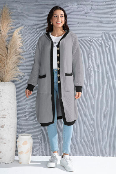 Button Up Contrast Trim Hooded Cardigan