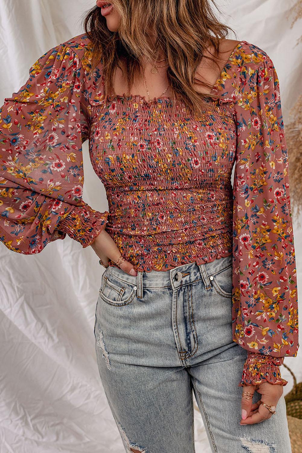 Floral Smocked Lantern Sleeve Blouse - BELLATRENDZ