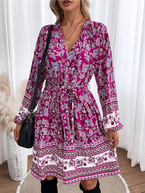 Floral Tie Neck Balloon Sleeve Dress