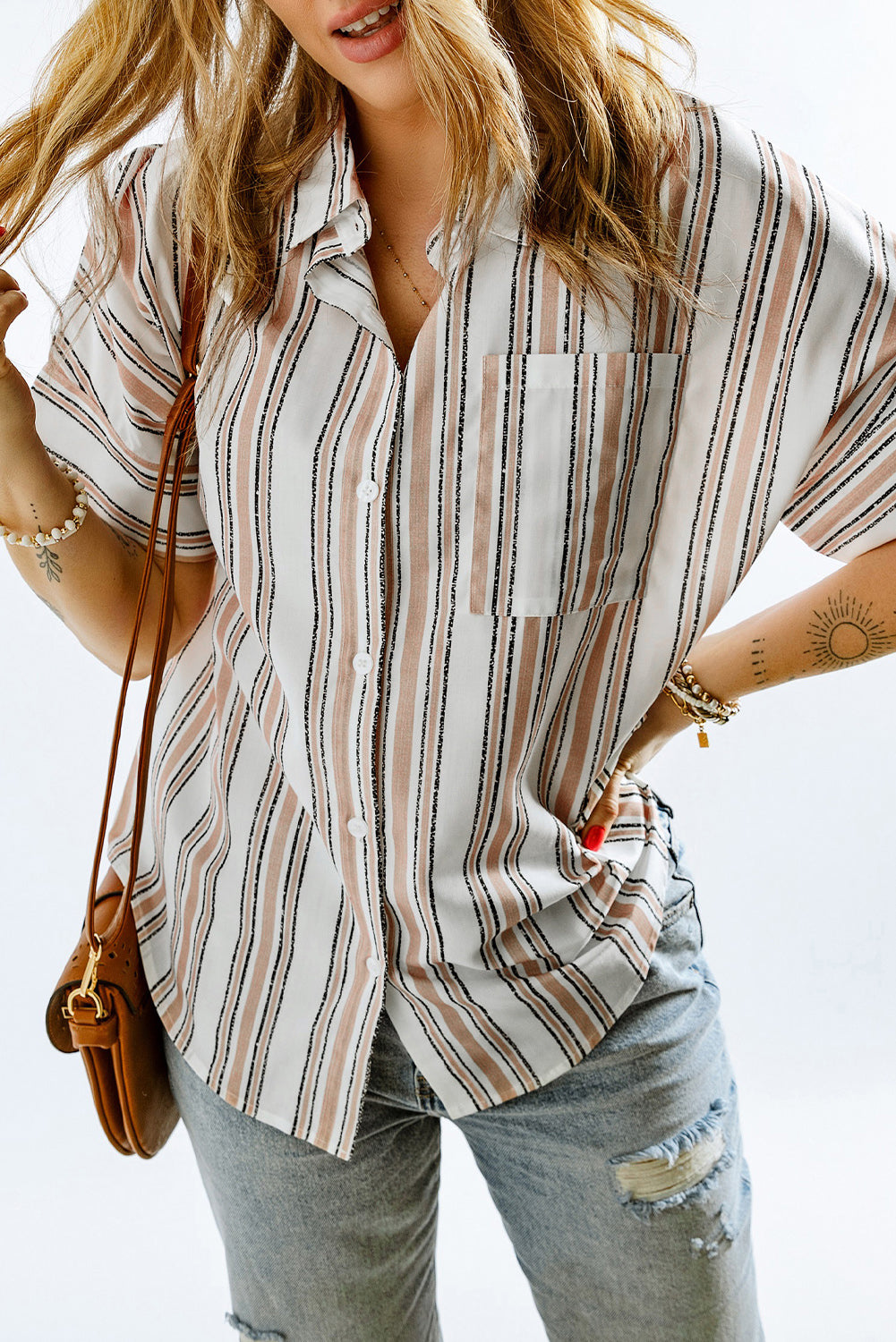 Striped Short Sleeve Shirt with Breast Pocket