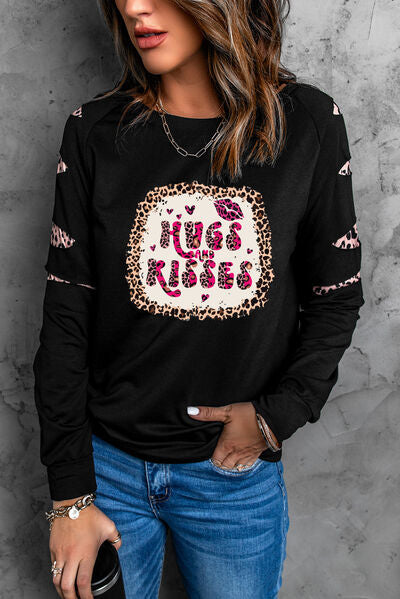 HUGS AND KISSES Leopard Round Neck Sweatshirt