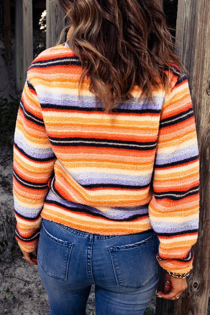 Multicolored Stripe Quarter Snap Fleece Sweatshirt - BELLATRENDZ