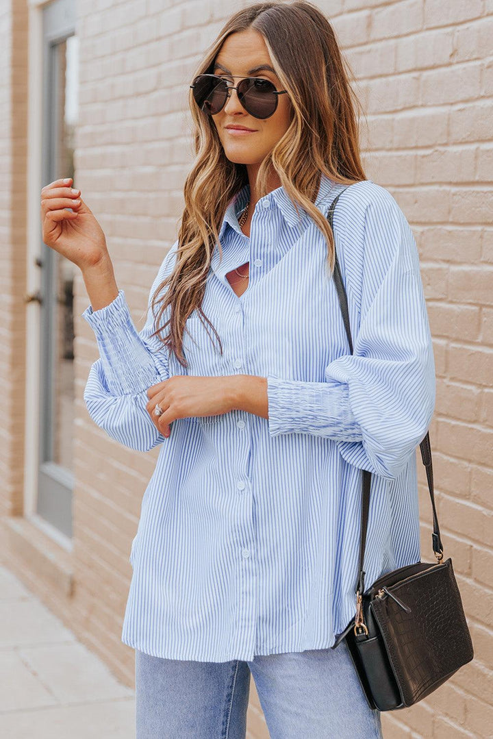 Striped Lantern Sleeve Collared Shirt - BELLATRENDZ