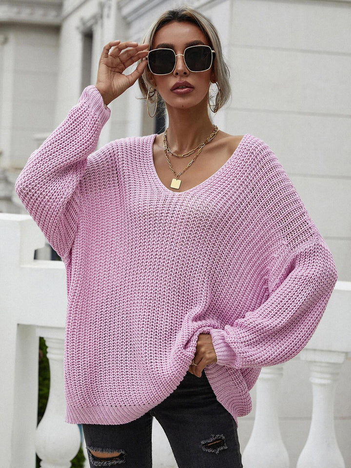 Rib-Knit Drop Shoulder V-Neck Pullover Sweater - BELLATRENDZ