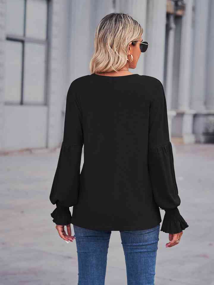 Round Neck Flounce Sleeve Blouse