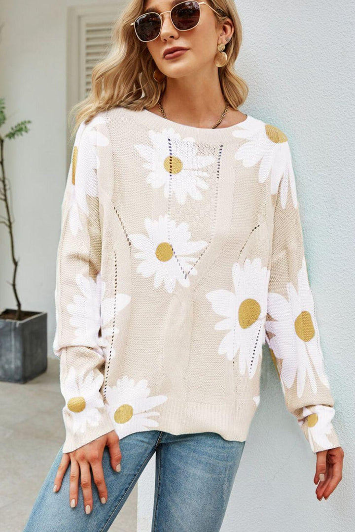 Daisy Print Openwork Round Neck Sweater - BELLATRENDZ