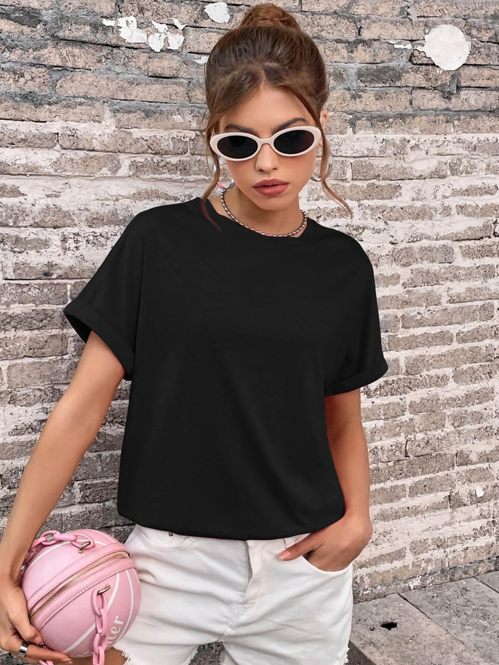 Round Neck Cuffed Sleeve T-Shirt - BELLATRENDZ