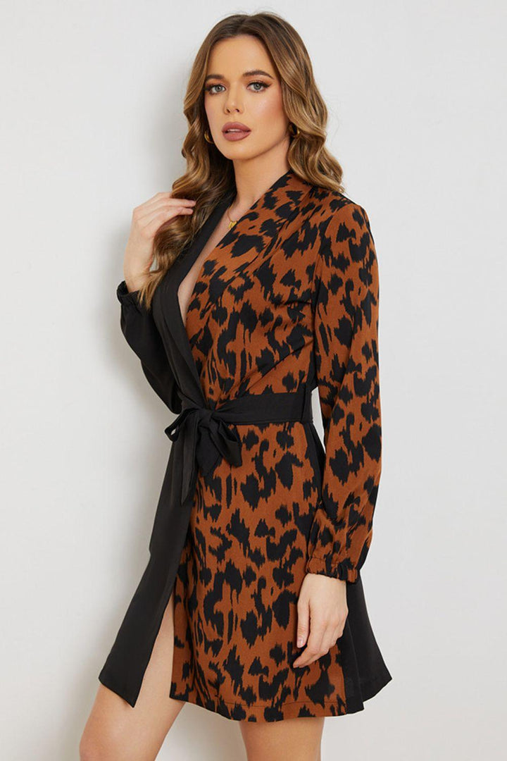 Leopard Color Block Belted Shawl Collar Dress - BELLATRENDZ