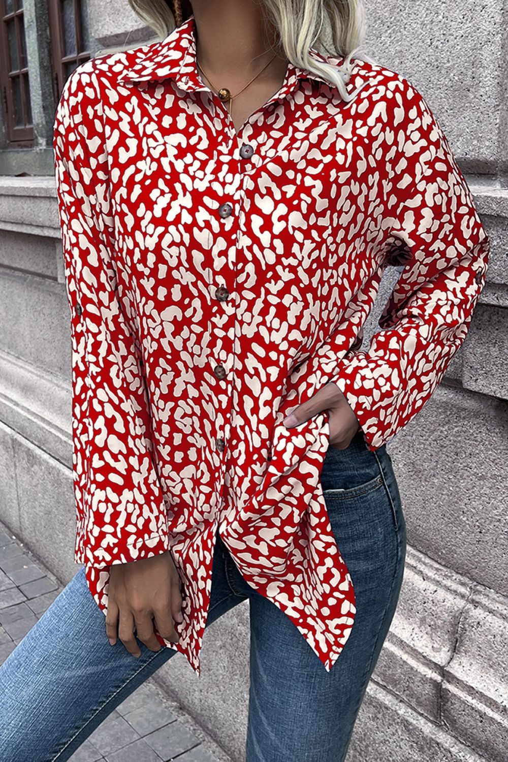 Leopard Roll-Tap Sleeve Shirt