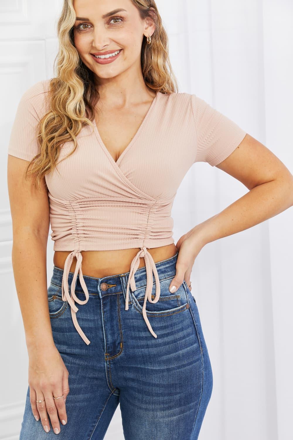 Capella Back To Simple Full Size Ribbed Front Scrunched Top in Blush - BELLATRENDZ