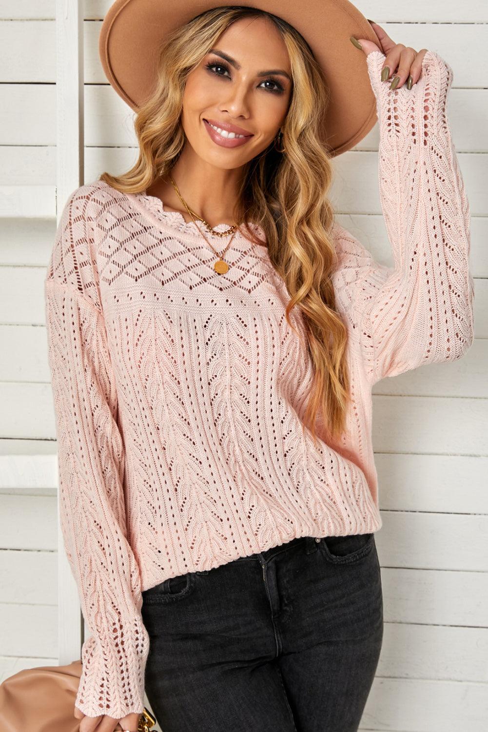 Openwork Scalloped Trim Knit Top - BELLATRENDZ